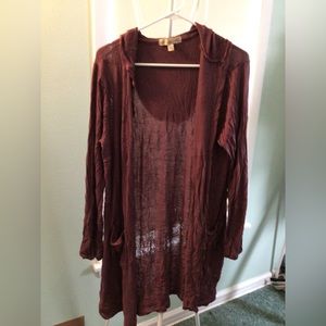 Hooded, open front long sleeve maroon sweater, XL